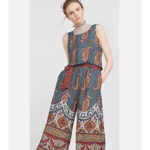 Zara Multicolor Paisley Cropped Palazzo Leg Jumpsuit w/ Pockets, Flawed, XS